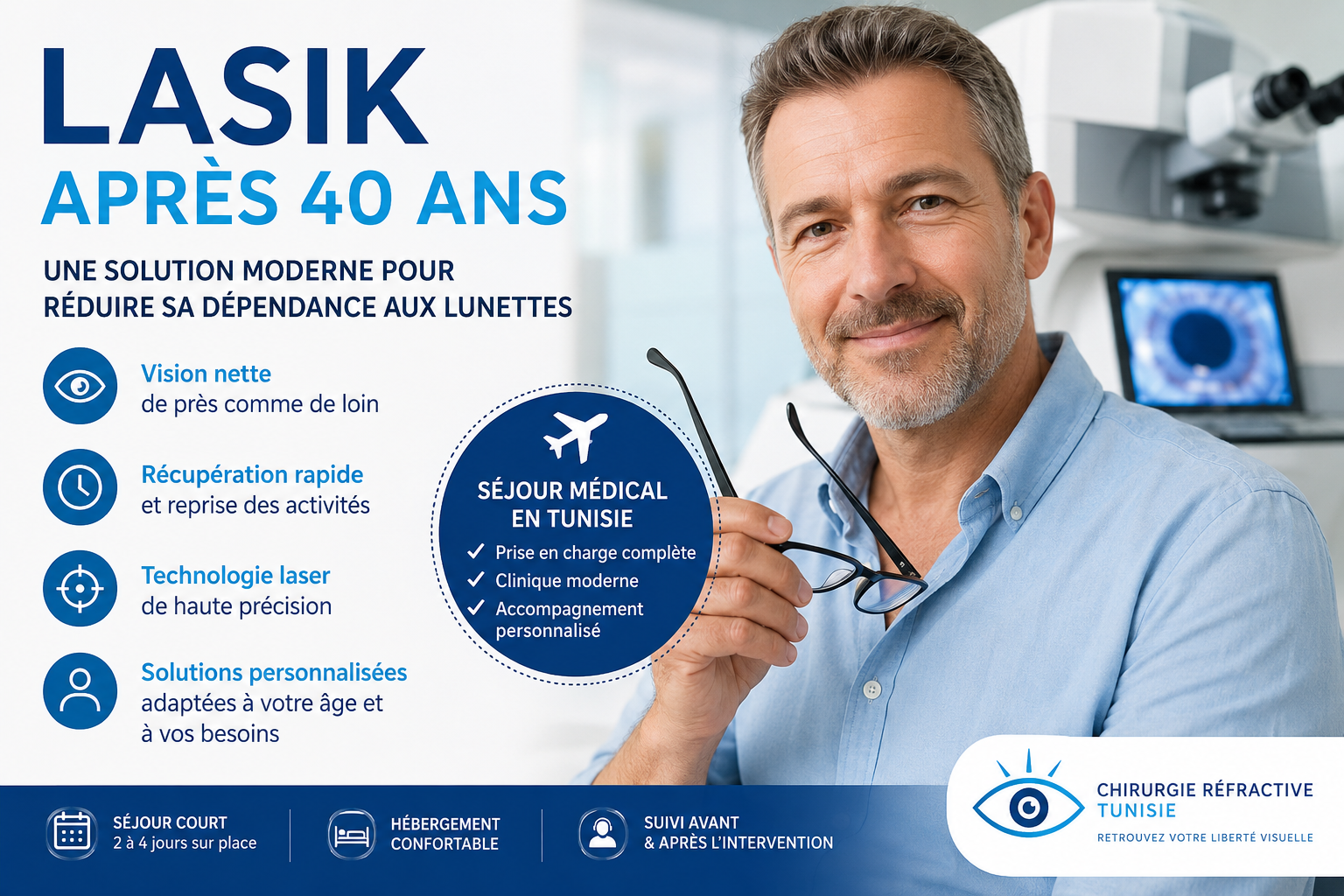Patient après 40 ans bénéficiant d’une chirurgie LASIK moderne en Tunisie